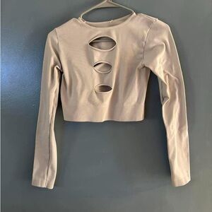 Beige Long Sleeve Cutout Top